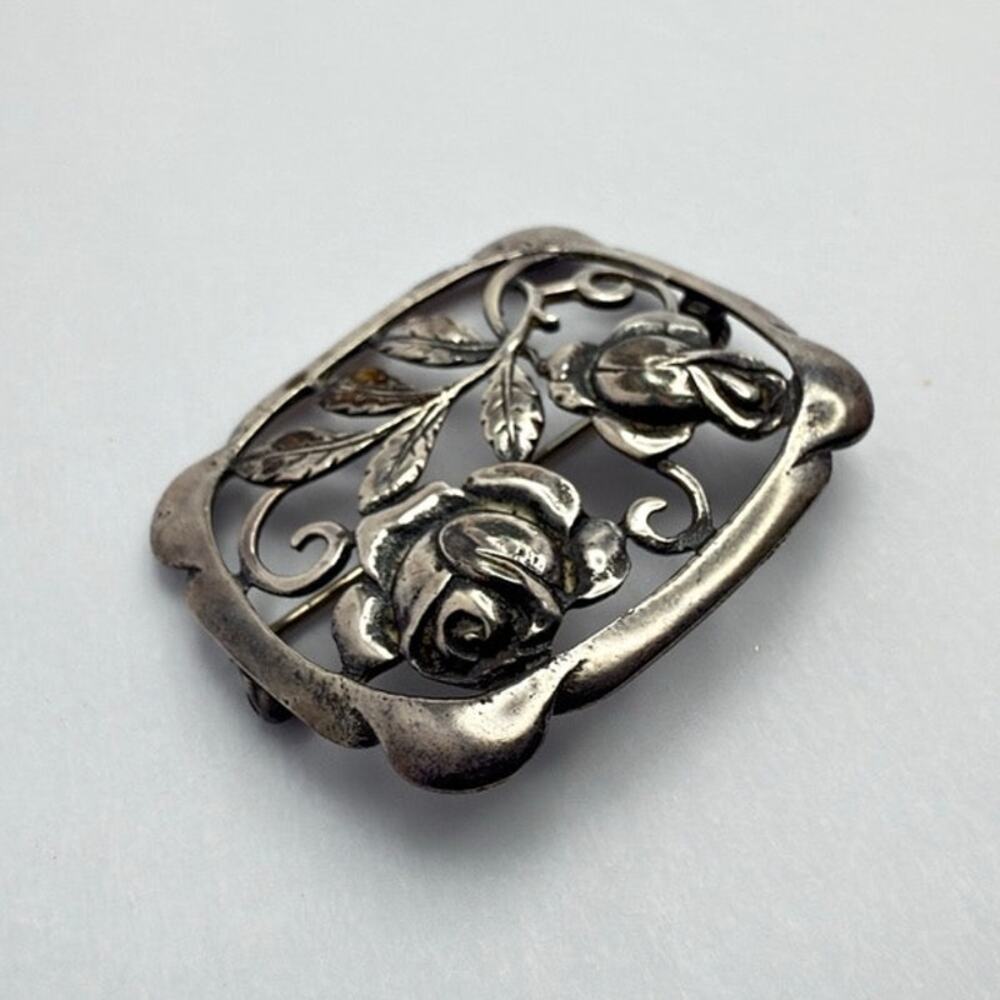 Antique Unger Bros. Sterling Silver Rose Brooch, c. 1900 Art Nouveau Pin, Signed